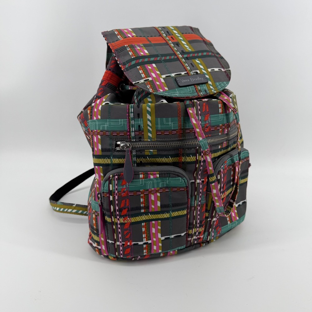 Vera Bradley Backpack Womens Medium Grey Multi Plaid Drawstring Flap Pockets